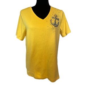 NWT Quacker Factory Yellow V-Neck Tee with Rhinestone Anchor Detail Size Small